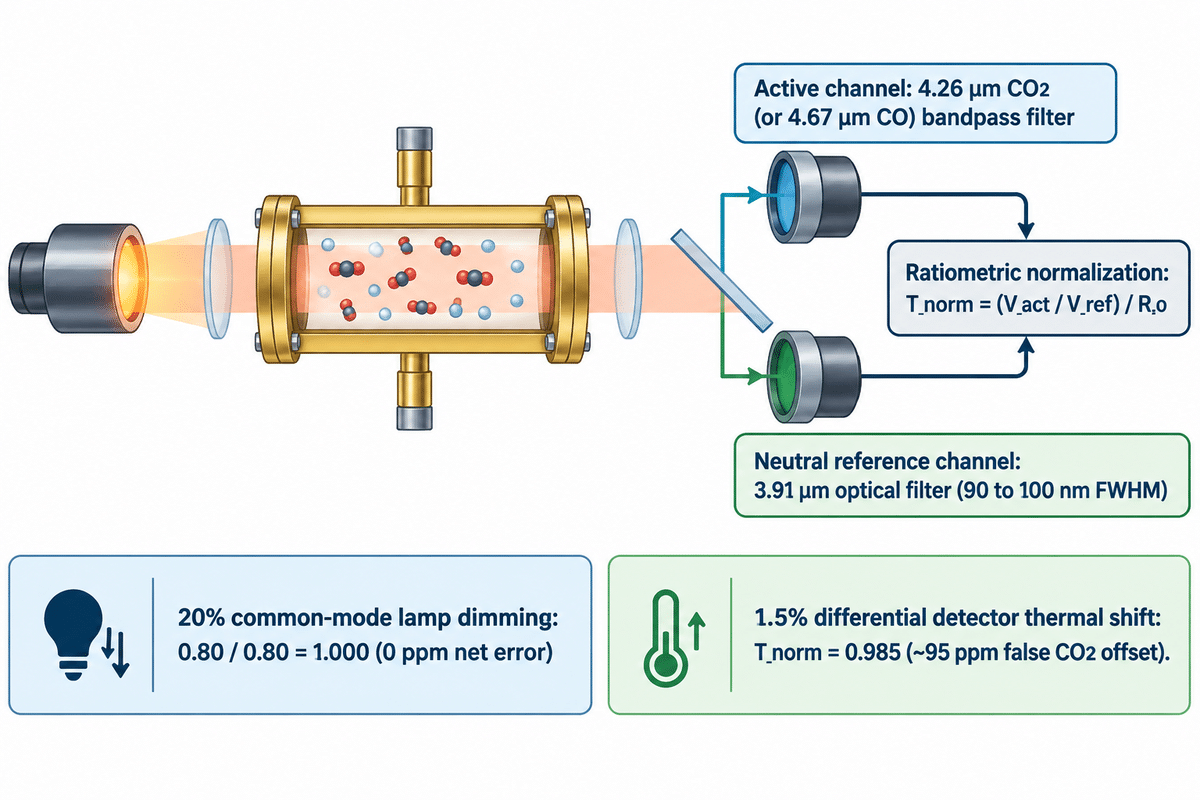 La relación NDIR de doble haz entre 4.26 µm activo y 3.91 µm de referencia cancela un 20% de atenuación de lámpara con 0 ppm de error (US8178832B1 y Electro Optics)