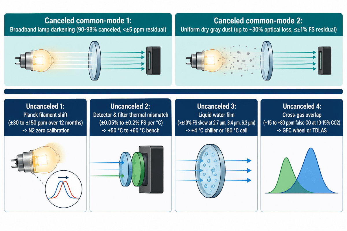 El límite de compensación de referencia de 3.9 µm: 2 derivas en modo común canceladas frente a 4 límites de error diferencial (US8178832B1 y EPA Parte 75)