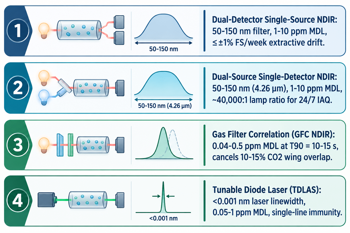 Selector de banco óptico de 4 topologías a T90 = 10-15 s: NDIR de doble haz (1-10 ppm), GFC (0.04-0.5 ppm) y TDLAS (0.05-1 ppm) (POWER Magazine)