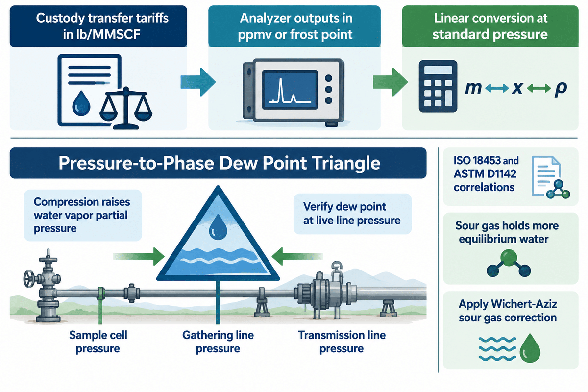 Linear moisture unit conversions versus non-linear pressure dew point correlation under ASTM D1142 and ISO 18453.