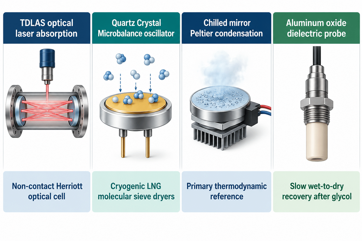 Comparison of TDLAS, QCM, chilled mirror, and aluminum oxide natural gas moisture analyzer technologies.
