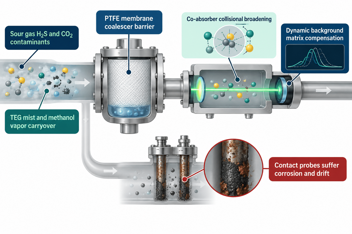Sour gas, glycol, and methanol contaminant protection using PTFE coalescers and TDLAS matrix compensation.