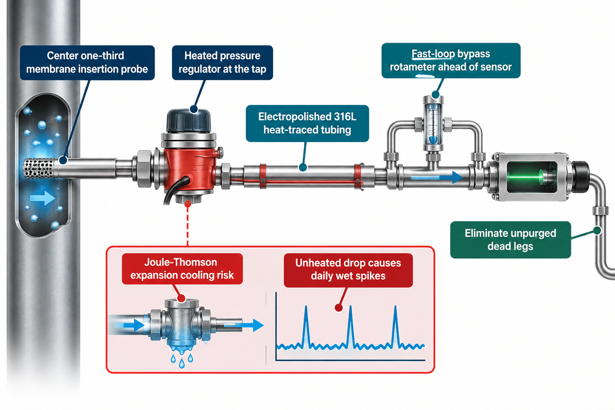 Natural gas moisture analyzer heated sample conditioning system design preventing Joule-Thomson condensation.