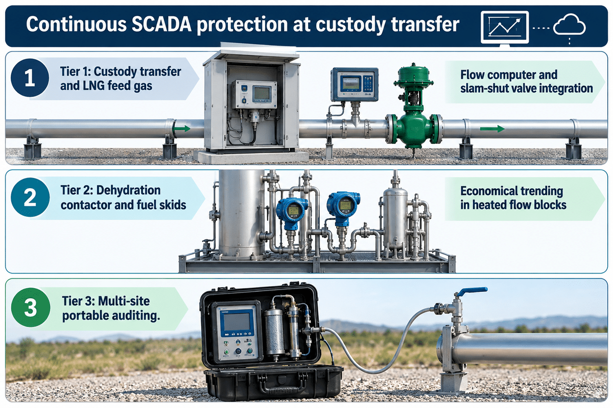 Three-tier natural gas moisture analyzer deployment comparing online TDLAS cabinets, skid transmitters, and portable analyzers.