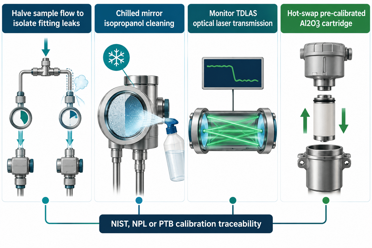 Field dry-down troubleshooting and fouling diagnostic protocol for natural gas moisture analyzers.