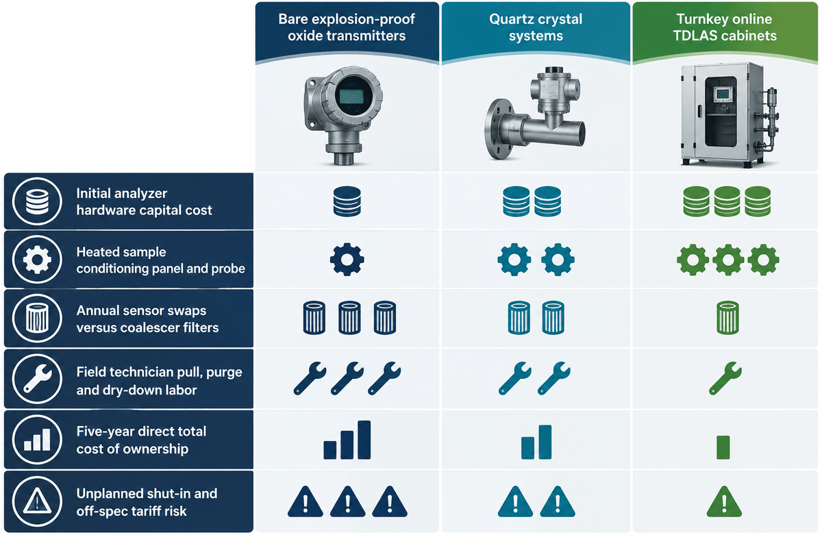 Five-year total cost of ownership comparison across Al2O3 transmitters, QCM analyzers, and turnkey TDLAS cabinets.