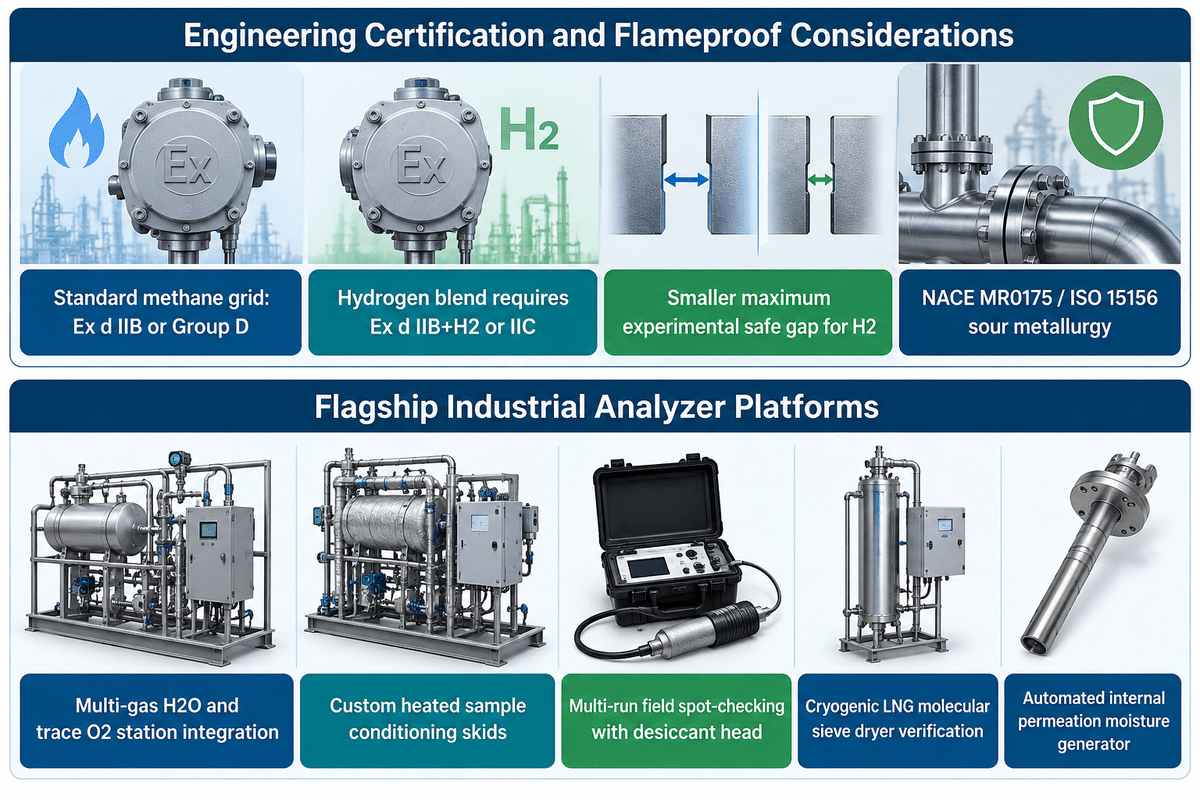 ATEX, IECEx, and Class I Div 1 hazardous area ratings for methane and hydrogen-blended natural gas moisture analyzers.