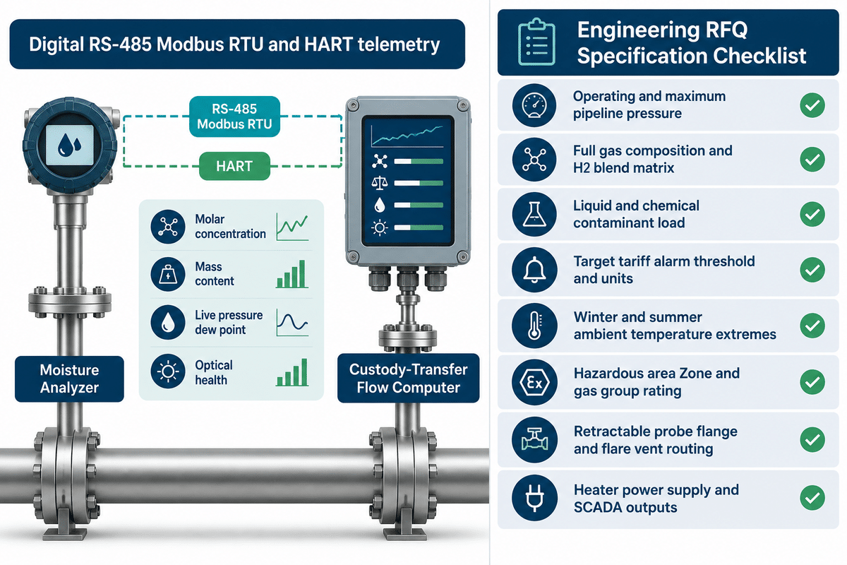Modbus RTU flow computer telemetry and eight-parameter RFQ checklist for natural gas moisture analyzers.