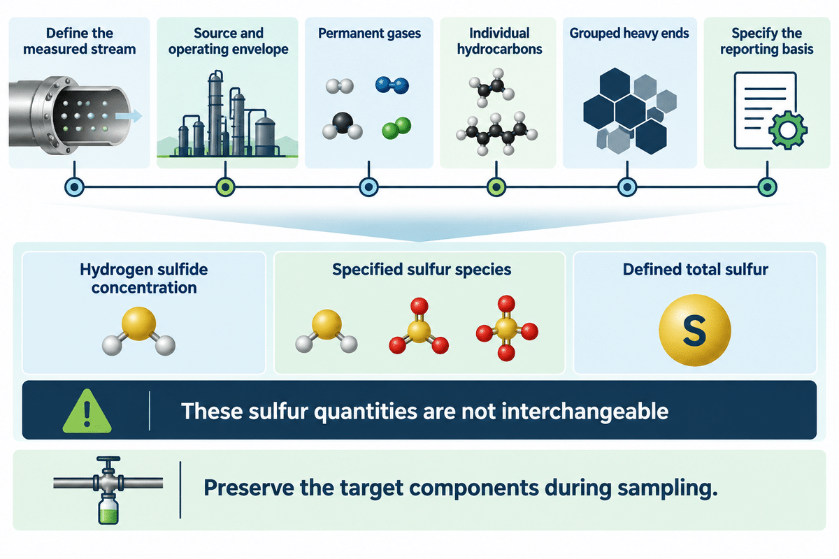 Define the gas stream and distinguish three sulfur reporting quantities; ASTM D7833 and D5504.