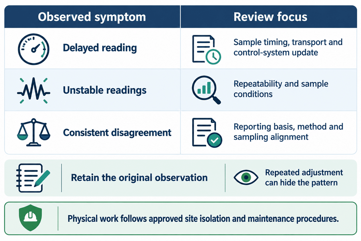 Different reading symptoms call for different evidence checks; Swagelok and Control Global diagnostic principles.