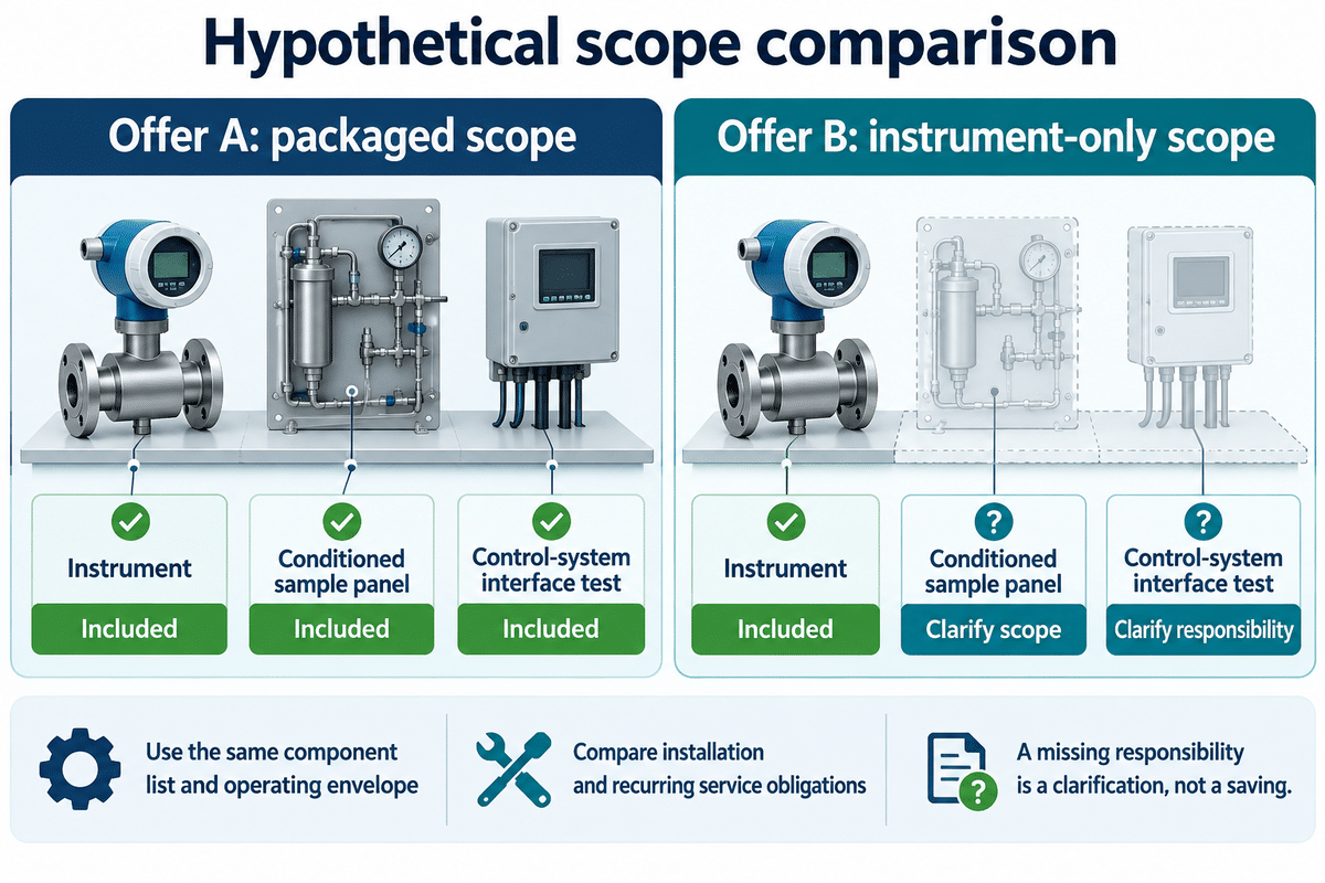 Compare equivalent installed scope and service obligations before instrument prices; hypothetical example based on ISA and IEC project principles.